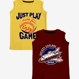 x2o Kids Pack Of 2 Yellow & Maroon Printed Pure Cotton Innerwear Vests-picture-56