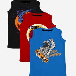 x2o Kids Pack of 3 Printed Pure Cotton Basic Vests-image-36