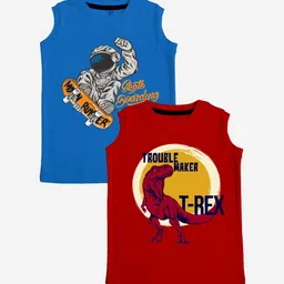 x2o Kids Pack Of 2 Blue & Red Printed Pure Cotton Basic Innerwear Vests-picture-40