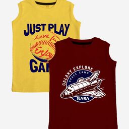 x2o Kids Pack of 2 Yellow & Maroon Printed Cotton Innerwear Basic Vests-picture-52
