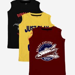 x2o Kids Pack Of 3 Printed Pure Cotton Basic Innerwear Vests-image-7