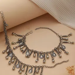 Jazz and Sizzle Set Of 2 Silver-Plated & Ghungroo Oxidised Anklets-10