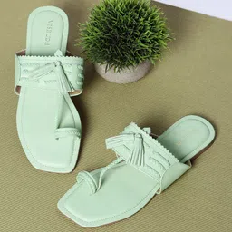 Vishudh Sea Green Braided Tassels One Toe Flats-29