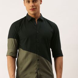 Campus Sutra Men Black & Olive Green Regular Fit Cotton Colourblocked Casual Shirt-image-48