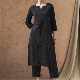 STYLEBAAZI Women Striped Regular Kantha Work Pure Cotton Kurta with Trousers-picture-52