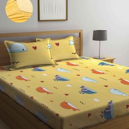 Arrabi Yellow & Blue Cartoon Characters 300 TC King Bedsheet with 2 Pillow Covers-26