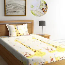 Arrabi Yellow Cartoon 300 TC Cotton Blend Single Size Fitted Bedsheet with 1 Pillow Cover-image-36