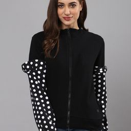 Campus Sutra Women Black Sleeve Patch with Polka Print Front-Open Sweatshirt-14