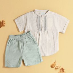 Cherry Crumble Boys Self Design Mandarin Collar Pure Cotton Top With Shorts-image-38