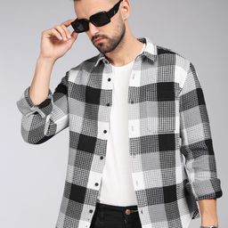 HERE&NOW Tartan Checks Spread Collar Long Sleeves Slim Fit Cotton Casual Shirts-image-1