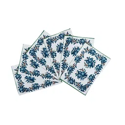 BELLA TRUE Set Of 7 White & Teal Blue Floral Printed Jacquard Table Placement & Runner Set image 3
