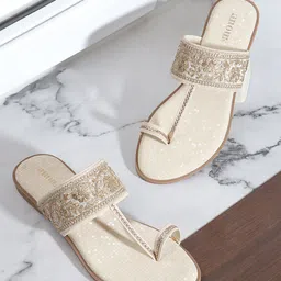 Anouk Cream-Coloured Embellished Open Toe Flats image 2