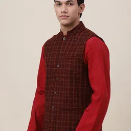 Fabindia Men Red Checked Wool Nehru Jackets image 5