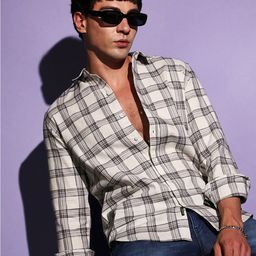 Campus Sutra Cream & Black Tartan Checks Classic Cotton Casual Shirt-image-34