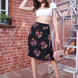 Berrylush Floral Printed Knee-Length Thigh-High Slit Skirt-image-74