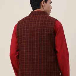 Fabindia Men Red Checked Wool Nehru Jackets image 4