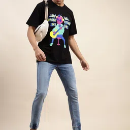 VEIRDO Black & Pink Graphic Printed Cotton Oversized Fit T-shirt-image-58