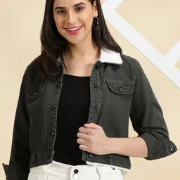 SHOWOFF Washed Crop Denim Jacket With Faux Fur Trim-image-20
