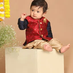 VASTRAMAY Boys Navy Blue Kurta with Dhoti Pant With Maroon Woven Nehru Jacket-image-77