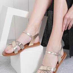 Anouk Textured Buckle Detailed Open Toe Flats image 5