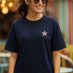 Women Printed Round Neck Cotton Blend Navy Blue T-Shirt-image-101