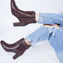 SHUZ TOUCH Women Mid Top Embellished Block -Heeled Regular Boots With Buckle Deatil-26