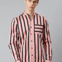 Hubberholme Men Pink & Black Pure Cotton Striped Casual Shirt-image-9