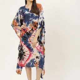 Maaesa Navy Blue & Brown Tie and Dye Kaftan Midi Dress-picture-2