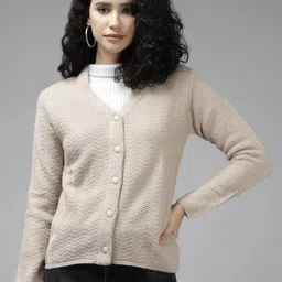 Cayman Women Beige Chevron Knitted Wool Cardigan-89