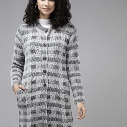 Cayman Women Grey Checked Knitted Wool Longline Cardigan-87