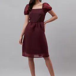 plusS Maroon Solid A-Line Party Dress-image-34