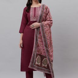 RAJGRANTH Women Maroon Yoke Design Thread Work Kurta with Trousers & With Dupatta-image-51