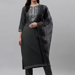 RAJGRANTH Women Grey Yoke Design Thread Work Kurta with Trousers & With Dupatta-picture-7