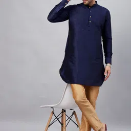 VASTRAMAY Mandarin Collar Curved Hem Straight Kurta with Trousers-image-92