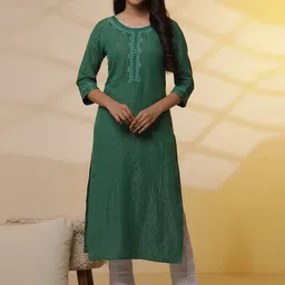 AURELIA Striped Yoke or Border Straight Mirror Work Pure Cotton Kurta With Trousers-picture-2