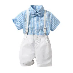 StyleCast Boys Blue Checked Shirt Collar Shirt & Shorts With Suspenders-10