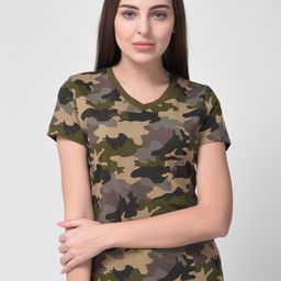 Woodland Women Beige & Green Camouflage Printed Extended Sleeves T-shirt-image-56