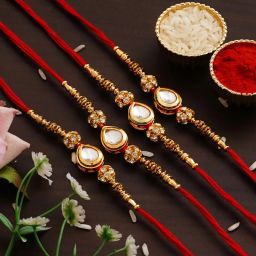 Designer RAKHI224@75 Gold Finish Artificial Flower Set-image-25