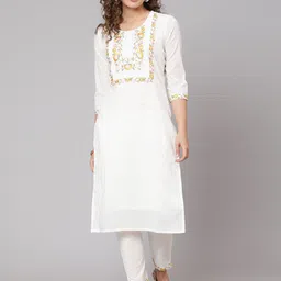 antaran Women White Floral Embroidered Pure Cotton Kurta with Trousers-image-94