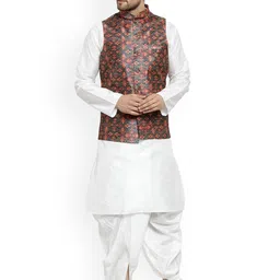 Benstoke Men White Ethnic Motifs Dupion Silk Kurta with Dhoti Pants-picture-47