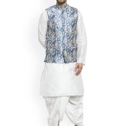 Benstoke Men White Ethnic Motifs Dupion Silk Kurta with Dhoti Pants-picture-55