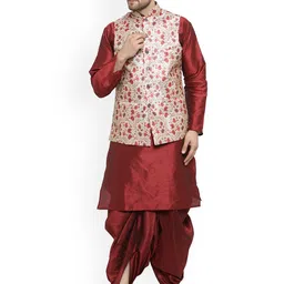 Benstoke Men Maroon Floral Dupion Silk Kurta with Dhoti Pants & Nehru Jacket-image-27