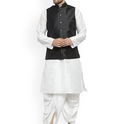 Benstoke Men White Layered Dupion Silk Kurta with Dhoti Pants-picture-22