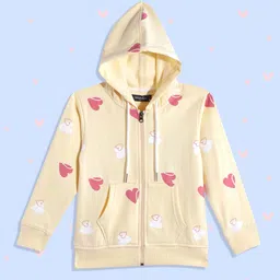 White Snow Girls Beige & Pink Conversational Printed Hood Sweatshirt-image-12