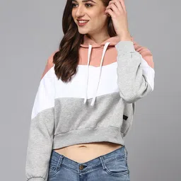 Campus Sutra Women Grey Colourblocked Crop Hooded Sweatshirt-image-92
