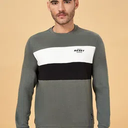 People Olive Green Colourblocked Round Neck Sweatshirt-image-18