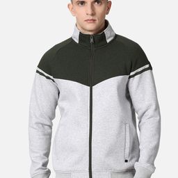 t-base Men Olive Green & Grey Colourblocked Cotton Front-Open Sweatshirt-picture-4