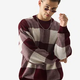 The Souled Store Burgundy Checked Pullover Acrylic Sweatshirt-34