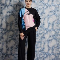 Athena Black Graphic Printed Drop Shoulder Sleeves Fleece Pullover-image-15