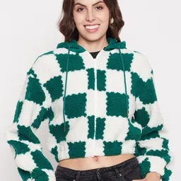 Madame Checked Hooded Pure Cotton Crop Front-Open Sweatshirt-image-80